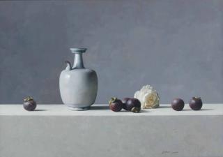 Qiangli Liang - A still life with a jug, a white peony and mangosteens