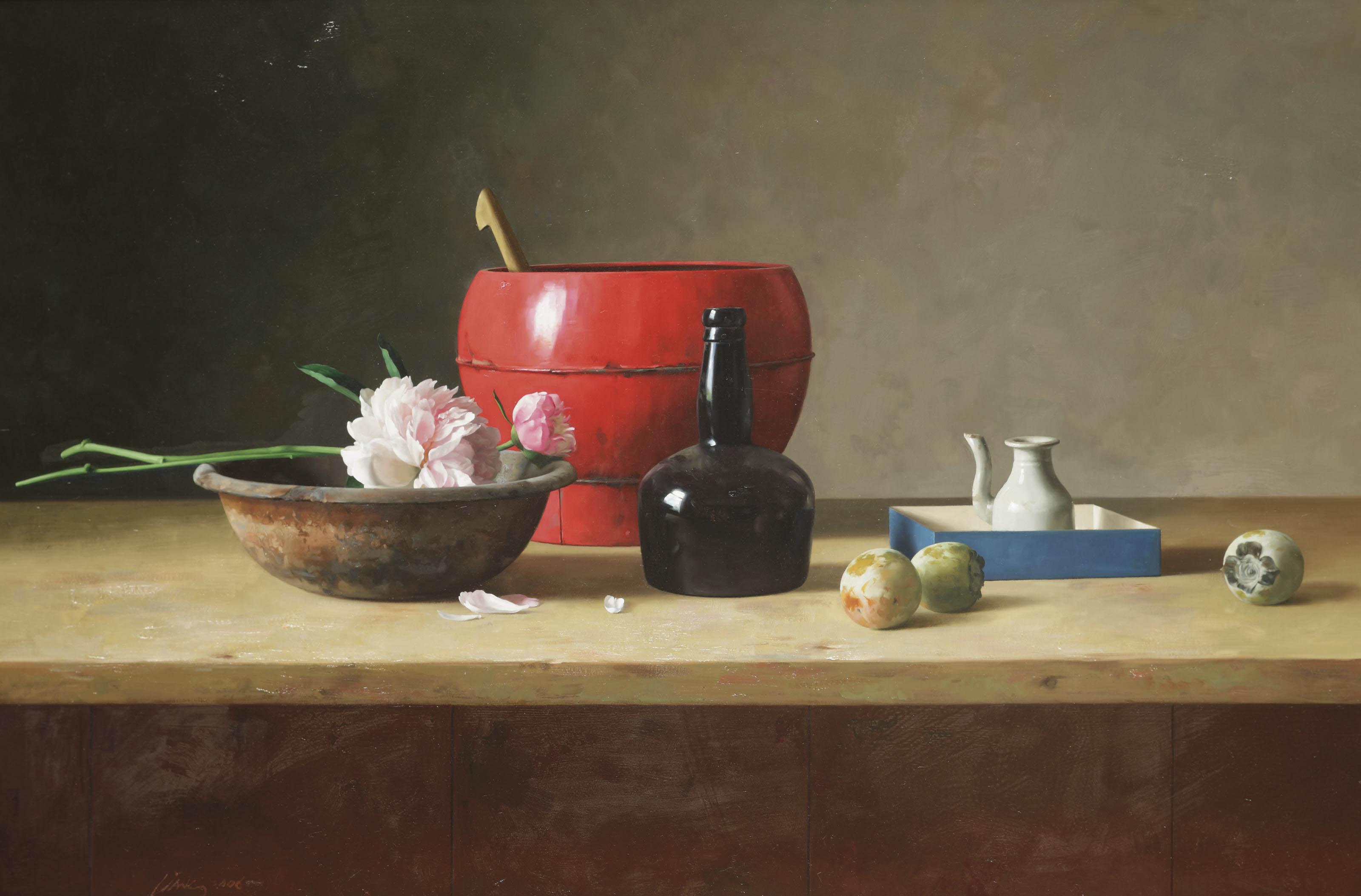 Qiangli Liang - Pink peonies and a Chinese bowl