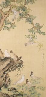 Qu Zhaolin - Five Pigeons by Cypress