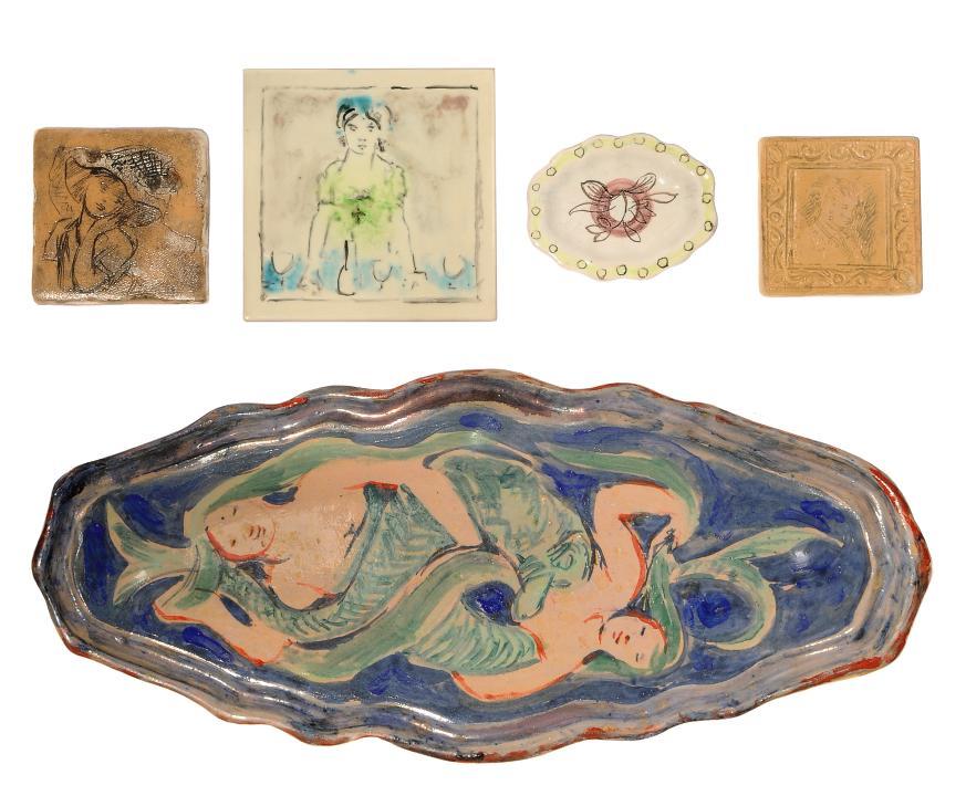 Quentin Bell - A mermaid platter; A tile with a barmaid; A tile with the portrait of a lady; A tile with the portrait of a lady with a hat; and A small dish