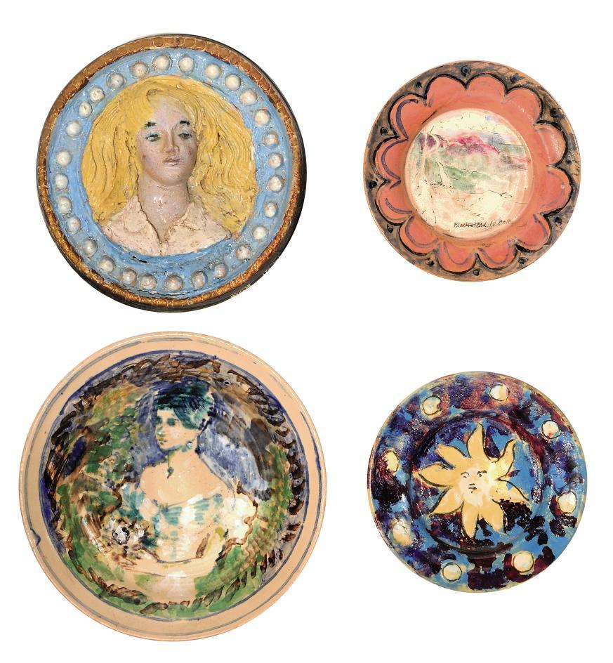 Quentin Bell - Bust of a woman in a relief; A deep plate with the portrait of lady; A plate with a painted sun; and A plate depicting Black Head, County Clare