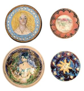 Quentin Bell - Bust of a woman in a relief; A deep plate with the portrait of lady; A plate with a painted sun; and A plate depicting Black Head, County Clare