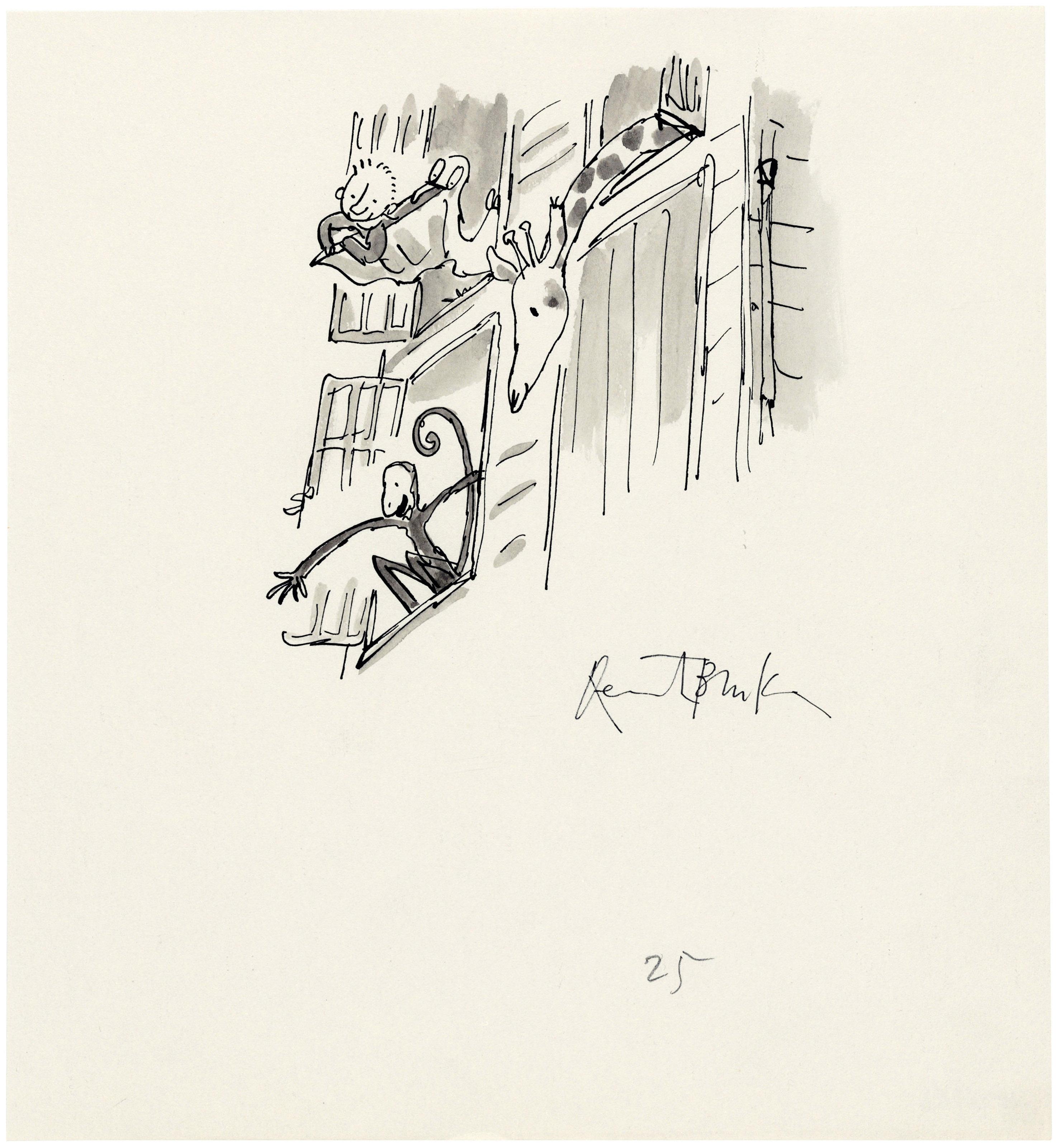 Quentin Blake - Billy, the Giraffe, the Pelican and the Monkey lean out of The Grubber
