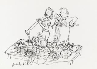 Quentin Blake - \'Food Preparation\': a preliminary drawing for The David Mellor Kitchen Guide