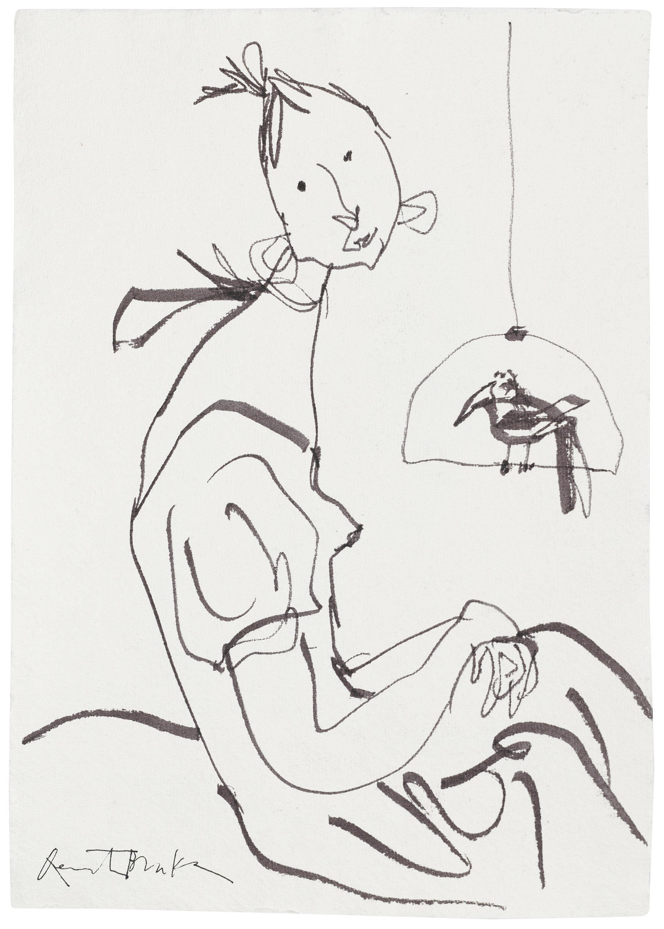 Quentin Blake - Girl, seated, beside a bird on a perch