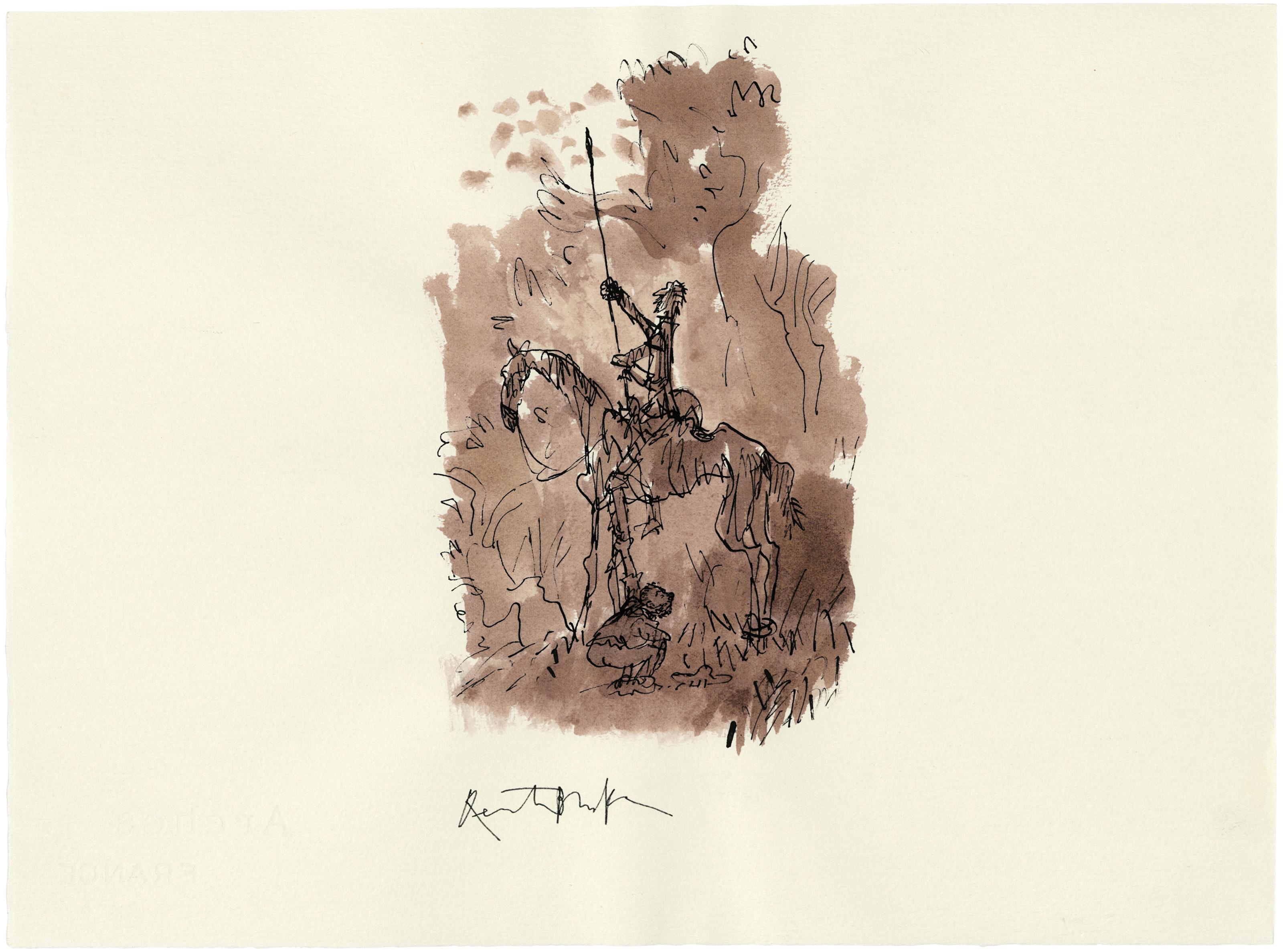 Quentin Blake - Sancho Panza secretly ties the leg of Don Quixote\'s horse