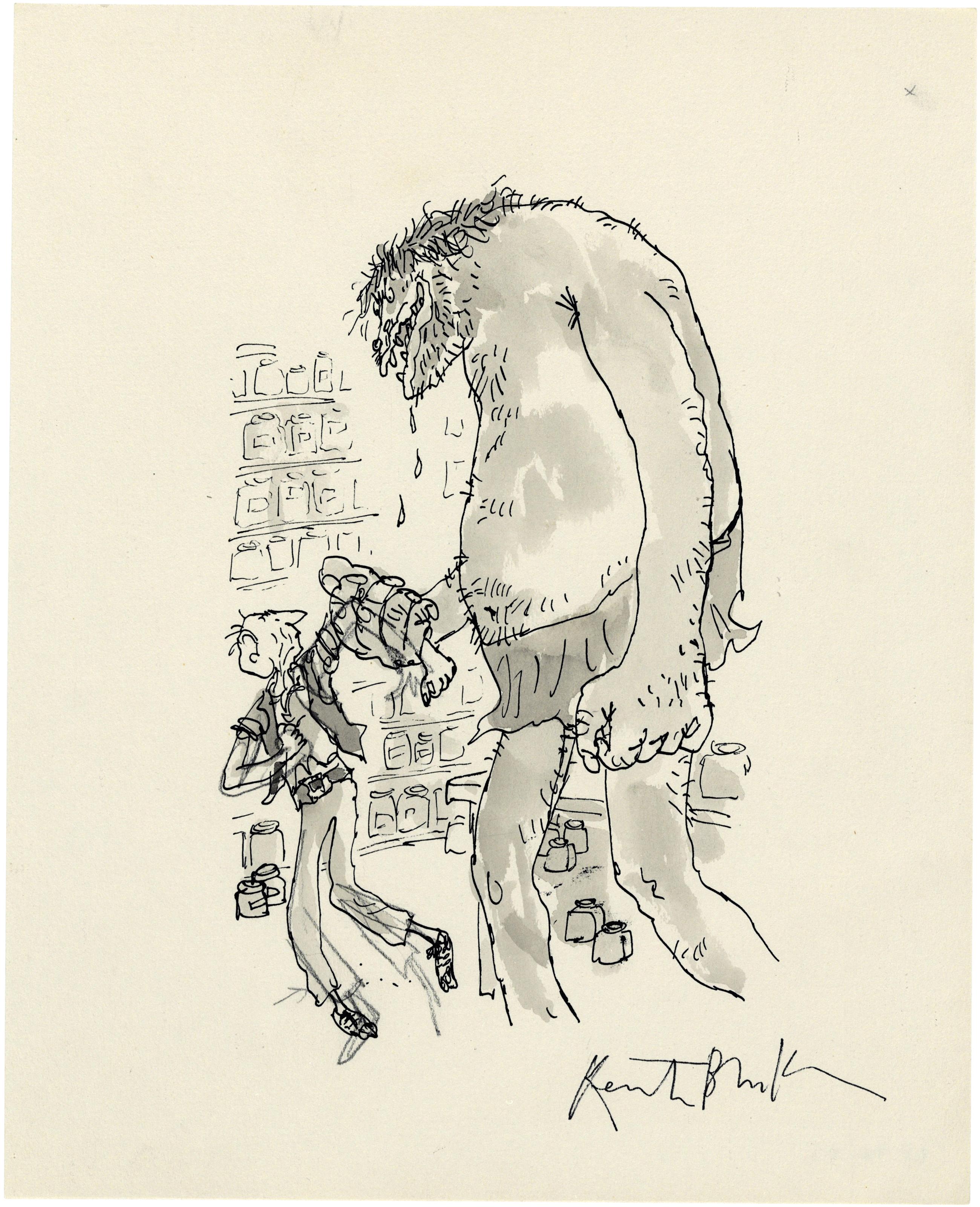 Quentin Blake - The Bloodbottler dangling the BFG by the arm