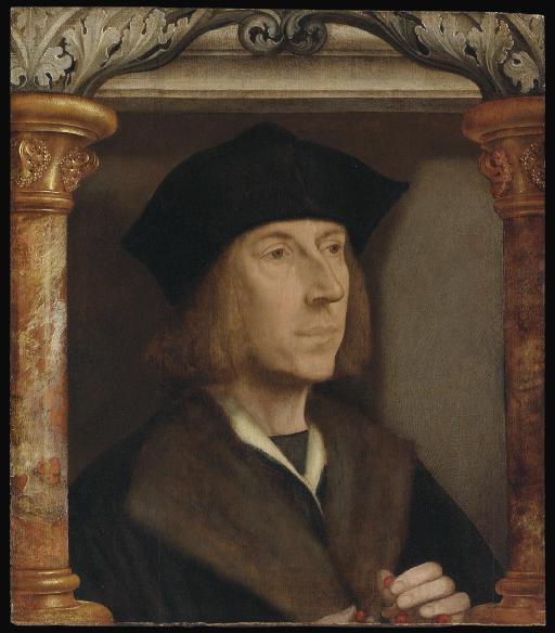 Quentin Metsys - Portrait Of Gentleman, Bust-Length, In A Fur-Lined Coat, Telling A Rosary, Set In An Architectural Surround