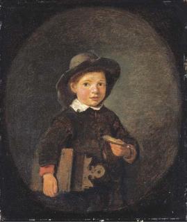 Quirin Gerritsz. Van Brekelenkam - Portrait of a boy, holding a slice of bread, in a feigned oval