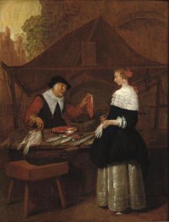 Quiringh Gerritsz. Van Brekelenkam - A fishmonger selling her wares to an elegant lady at a stall