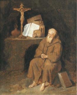 Quiringh Gerritsz. Van Brekelenkam - A hermit seated by an altar in a grotto