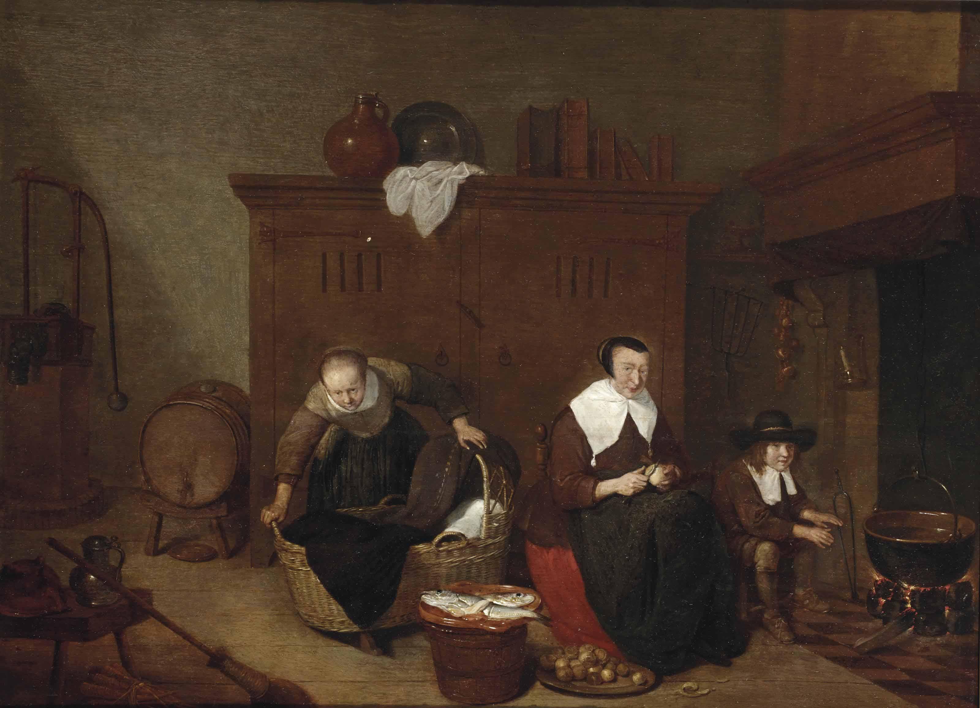 Quiringh Gerritsz. Van Brekelenkam - A Kitchen Interior With A Maid Peeling Turnips, A Woman Tending To A Baby And A Boy Warming His Hands By The Fire