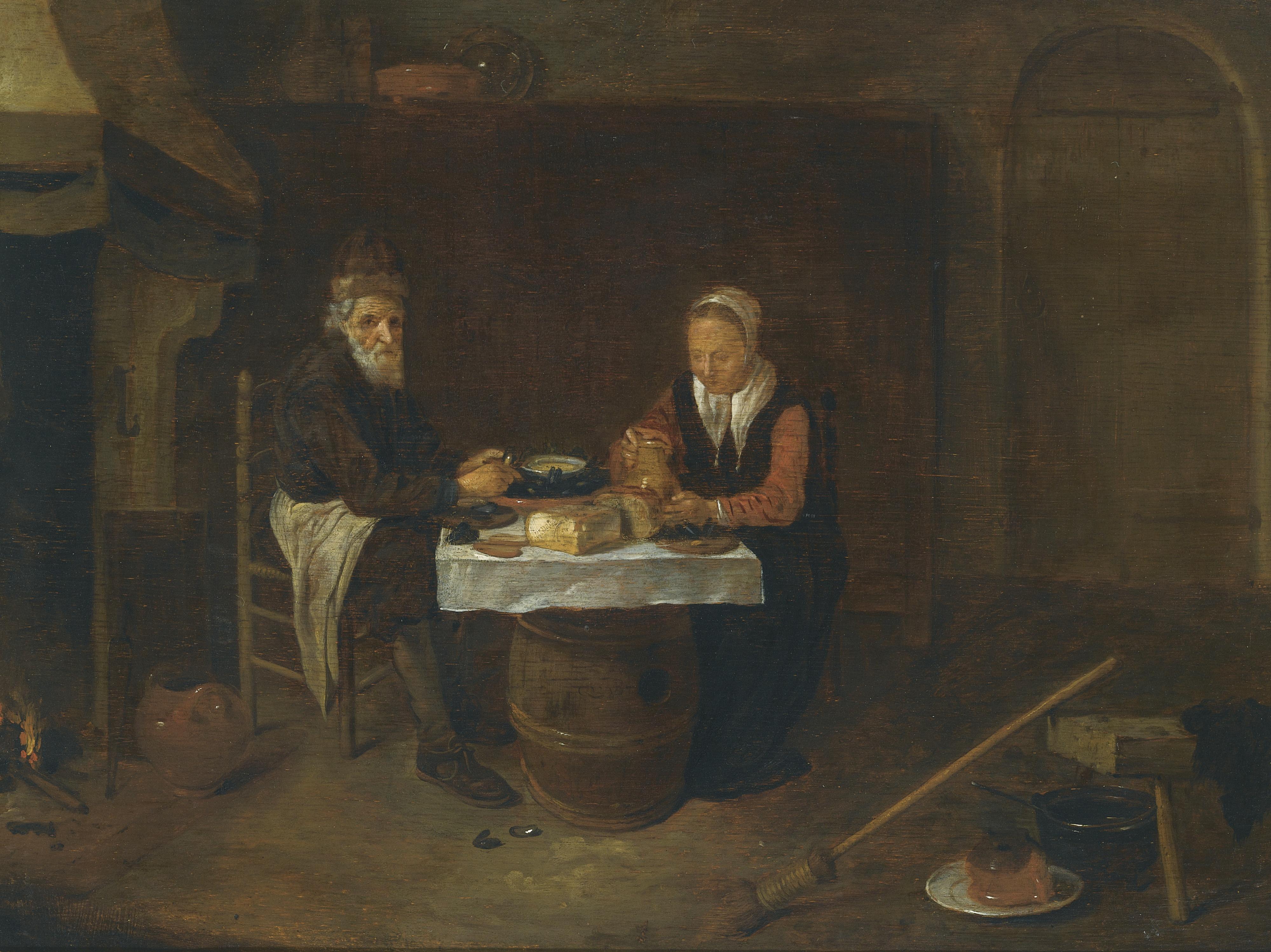 Quiringh Gerritsz. Van Brekelenkam - A Modest Interior With An Elderly Couple Seated At A Table, Eating Mussels And Bread