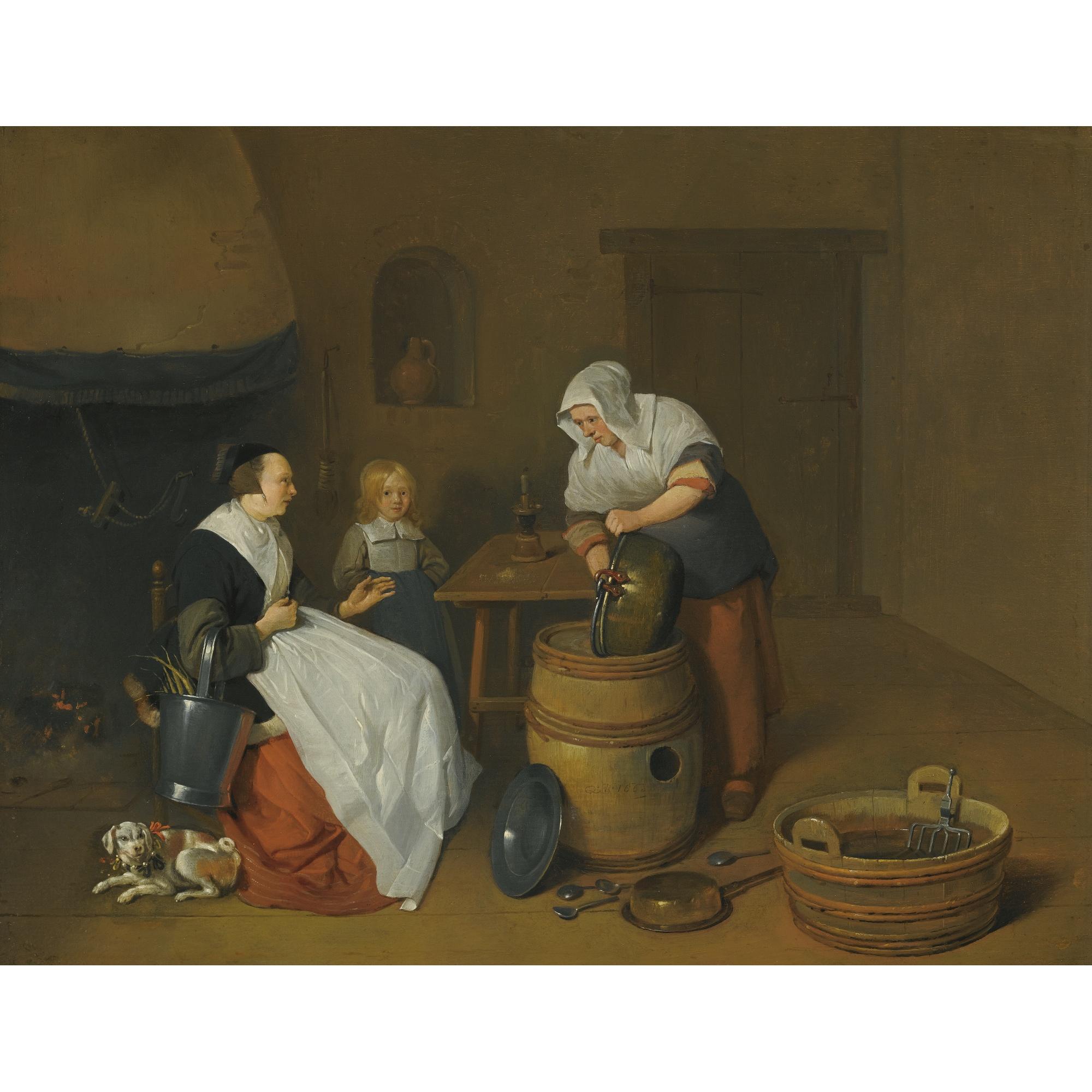 Quiringh Gerritsz. Van Brekelenkam - A Woman Talking With Her Maid In A Kitchen Interior With A Child, A Dog And A Fire