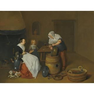 Quiringh Gerritsz. Van Brekelenkam - A Woman Talking With Her Maid In A Kitchen Interior With A Child, A Dog And A Fire