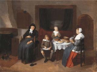 Quiringh Gerritsz. Van Brekelenkam - An interior with a family eating