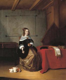 Quiringh Gerritsz. van Brekelenkam - An interior with a woman seated holding an orange by a draped table, a dog at her side, a map of Europe and a spinet behind