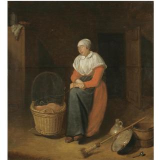 Quiringh Gerritsz. Van Brekelenkam - An Interior With A Woman Sitting By A Cradle
