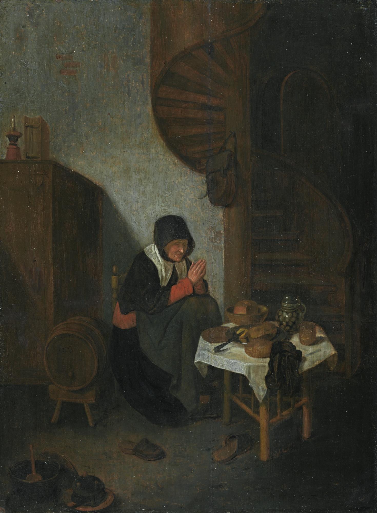 Quiringh Gerritsz. Van Brekelenkam - An Old Woman In An Interior Saying Grace Before A Meal