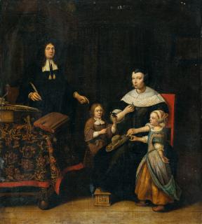 Quiringh Gerritsz. van Brekelenkam - Häusliches Interieur mit einer vierköpfigen Familie