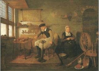 Quiringh Gerritsz. Van Brekelenkam - The interior of a cobbler\'s workshop, with a cobbler at work and a woman peeling onions
