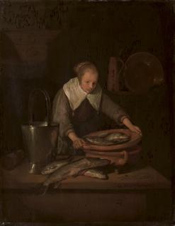 Quiringh van Brekelenkam - A young maid preparing fish in a kitchen