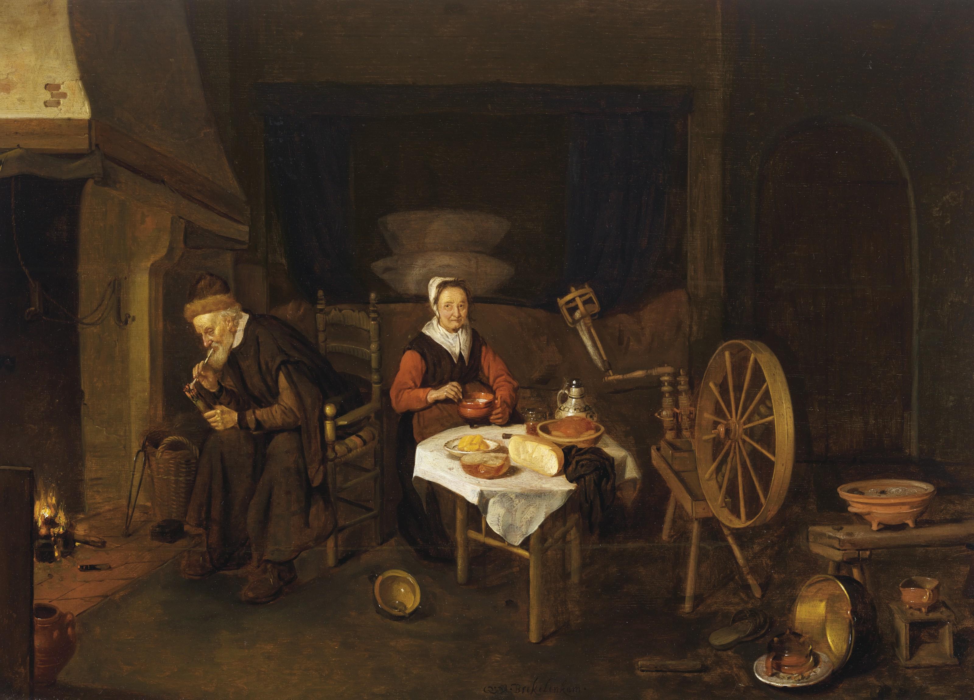 Quiringh Van Brekelenkam - An interior with an elderly couple by a fireplace, table and spinning wheel, a bedstead behind