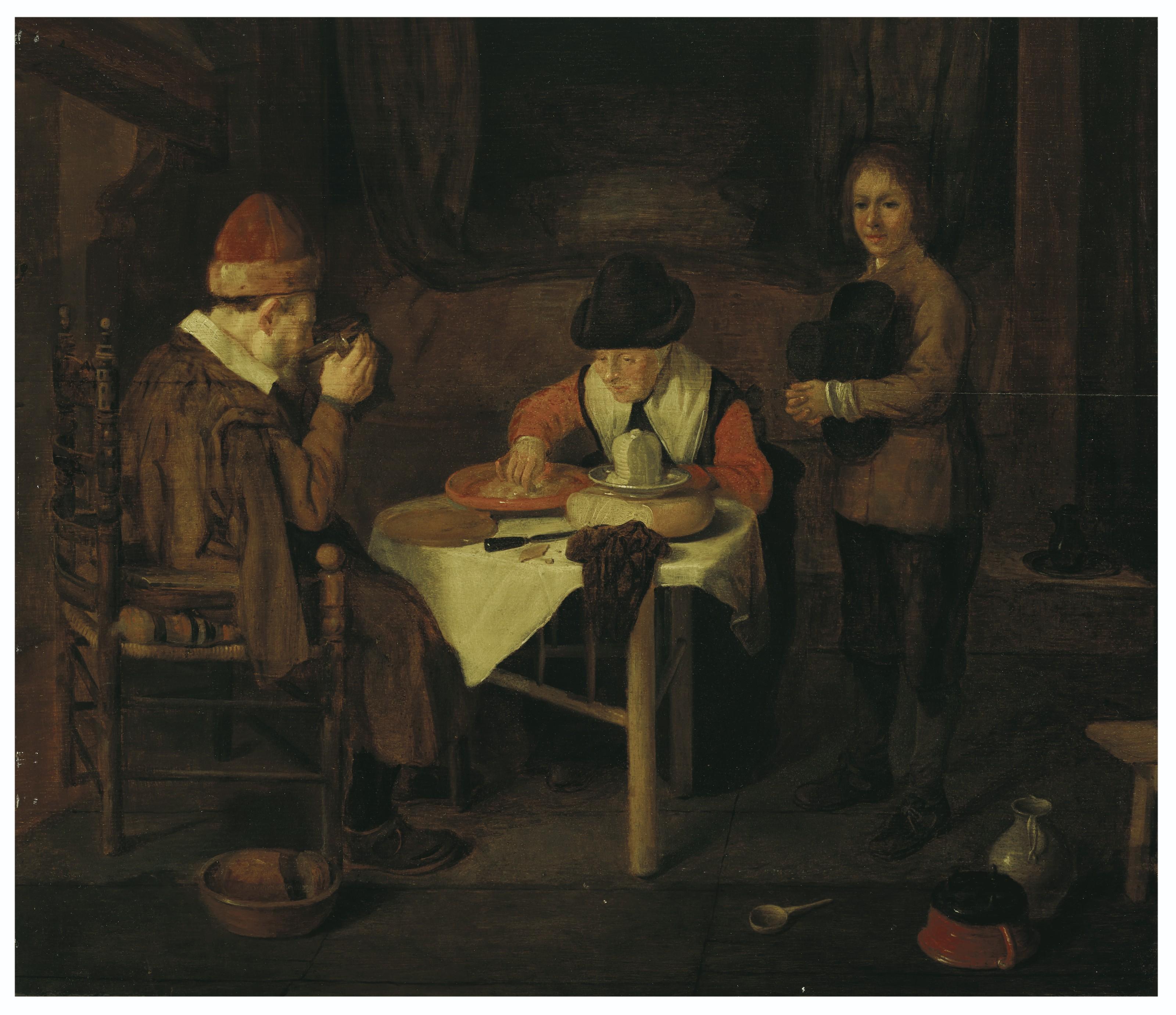 Quiringh Van Brekelenkam - An interior with figures eating and drinking