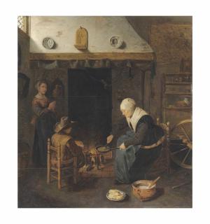 Quiringh Van Brekelenkam - An interior with figures making pancakes by a fire