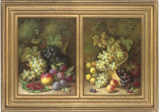 R. Caspers - Grapes, raspberries, plums, a peach and a gooseberry on a mossy bank; and Plums, peaches, apples, raspberries and grapes in a basket