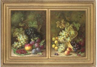 R. Caspers - Grapes, raspberries, plums, a peach and a gooseberry on a mossy bank; and Plums, peaches, apples, raspberries and grapes in a basket