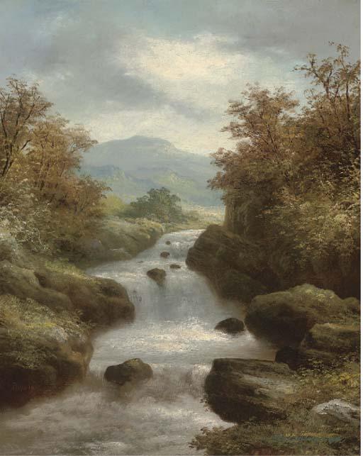 R. Marshall - A Waterfall In A Mountainous Landscape
