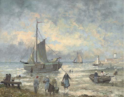 R. Mulders - Fisherwomen unloading boats; and Fisherfolk on the shore, low-tide