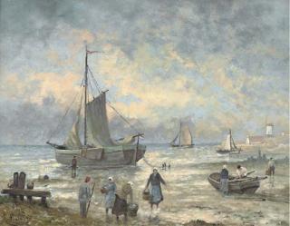 R. Mulders - Fisherwomen unloading boats; and Fisherfolk on the shore, low-tide