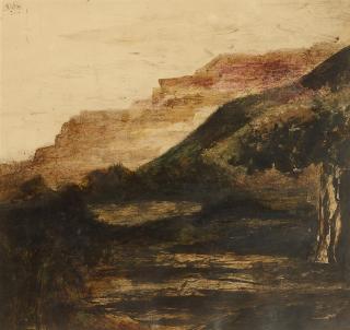 Rabindranath Tagore - Untitled (Dark landscape with cliffs and tree)