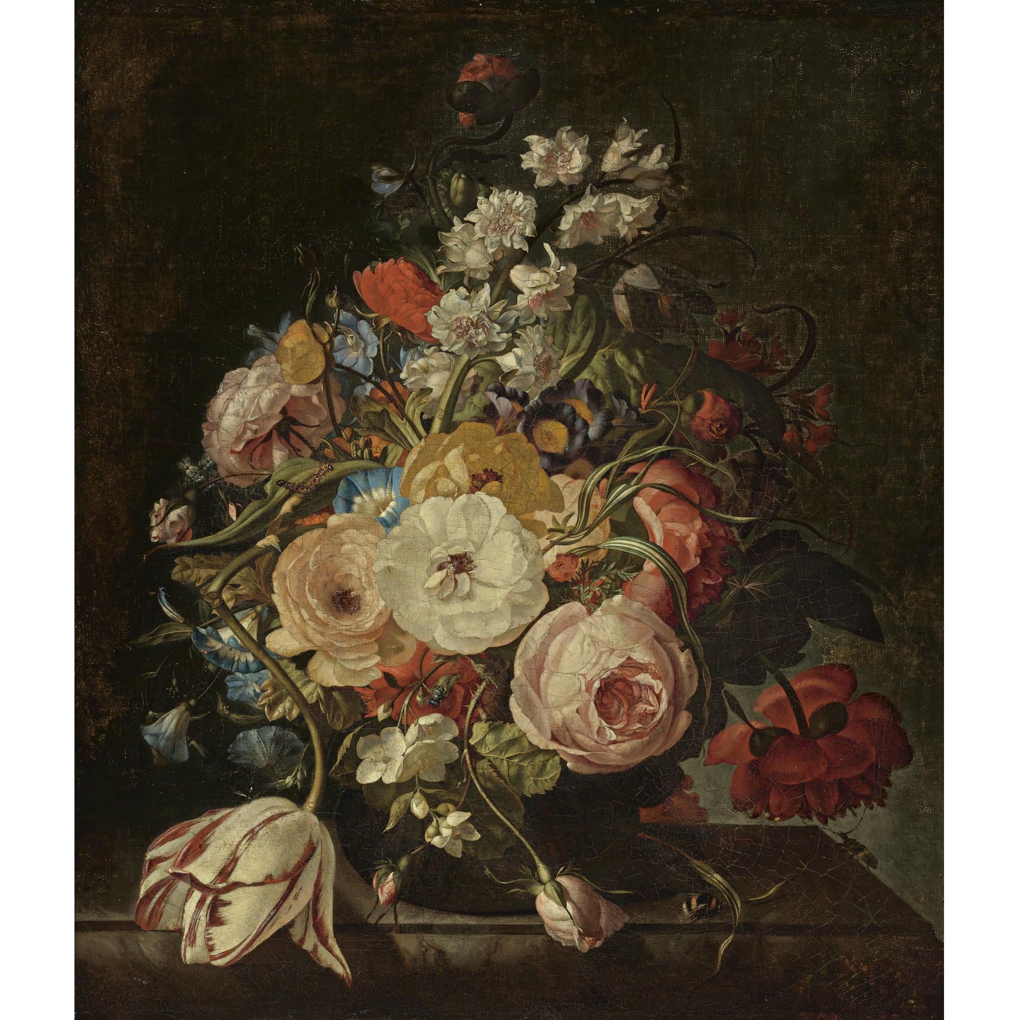 Rachel Ruysch - A Still Life Of Roses, A Tulip, Hyacinths, Morning Glories And Other Flowers In A Vase, Resting On A Stone Ledge