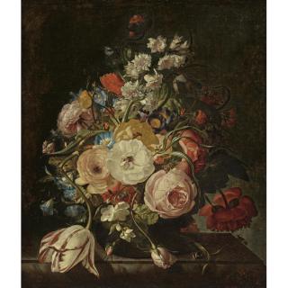 Rachel Ruysch - A Still Life Of Roses, A Tulip, Hyacinths, Morning Glories And Other Flowers In A Vase, Resting On A Stone Ledge