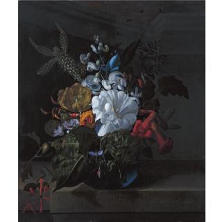 Rachel Ruysch - A Still Life With Devil\'S Trumpet, A Cactus, A Fig Branch, Honeysuckle And Other Flowers In A Blue Glass Vase Resting On A Ledge