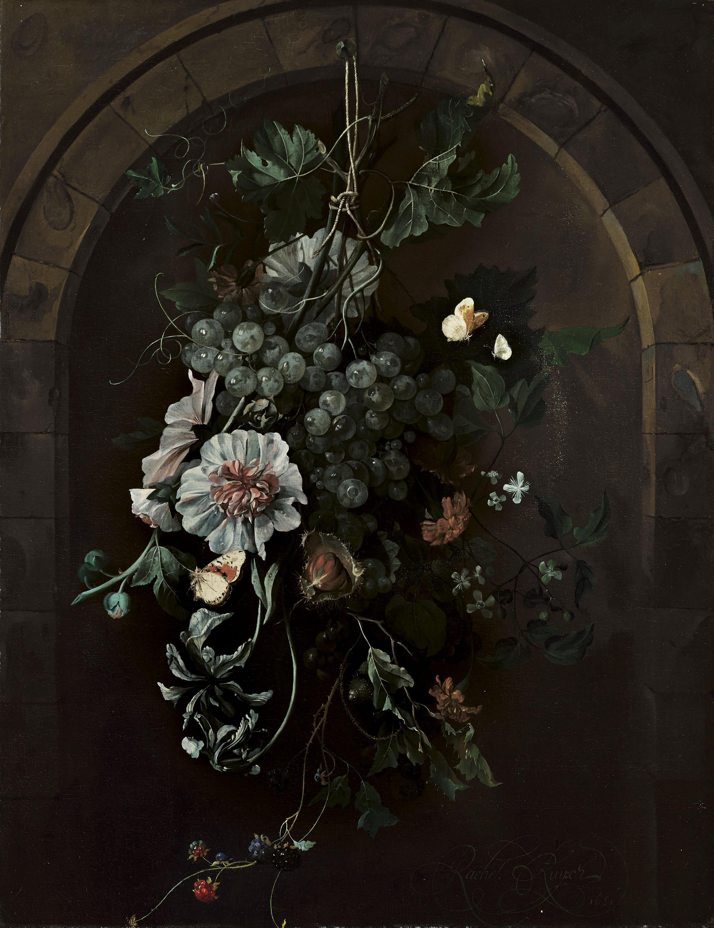 Rachel Ruysch - A swag of grapes, hollyhocks, irises, mallow, African marigolds, clematis, a horse chestnut and blackberries with butterflies and other insects suspended before a stone arch