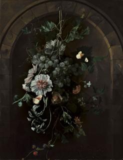 Rachel Ruysch - A swag of grapes, hollyhocks, irises, mallow, African marigolds, clematis, a horse chestnut and blackberries with butterflies and other insects suspended before a stone arch