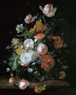 Rachel Ruysch - Roses, Tulips And Other Flowers In A Glass Vase On A Stone Ledge