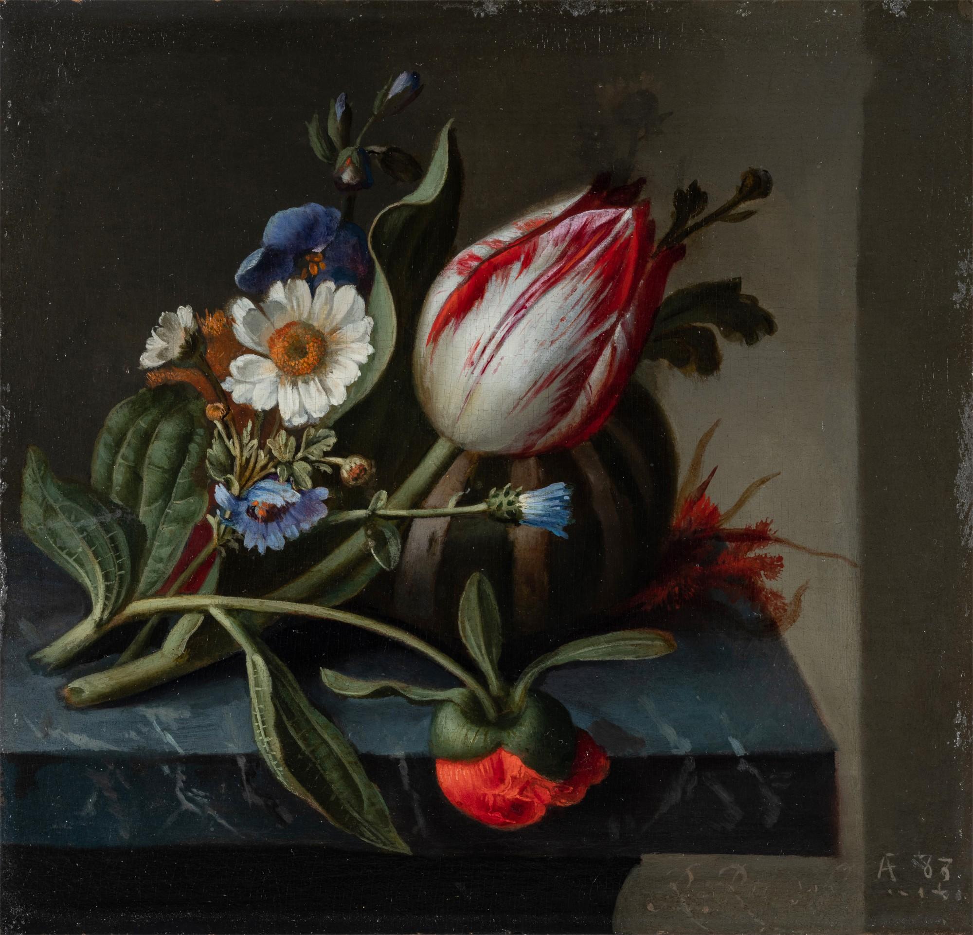 Rachel Ruysch - Still life of a tulip and other flowers with a melon upon a ledge