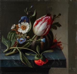 Rachel Ruysch - Still life of a tulip and other flowers with a melon upon a ledge