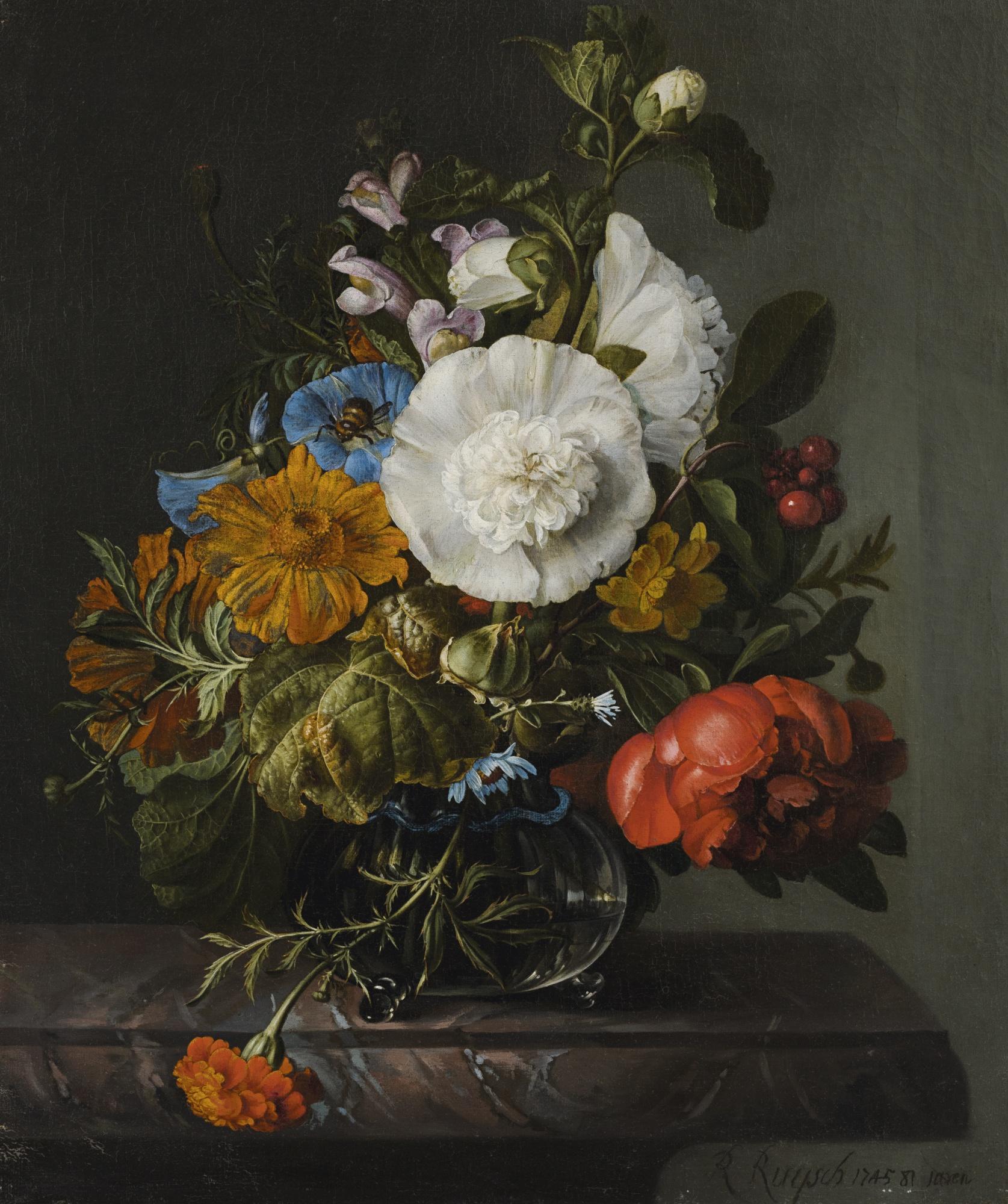Rachel Ruysch - Still Life Of Flowers In A Glass Vase On A Marble Ledge