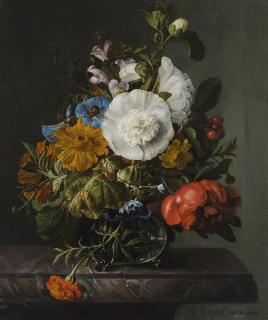 Rachel Ruysch - Still Life Of Flowers In A Glass Vase On A Marble Ledge