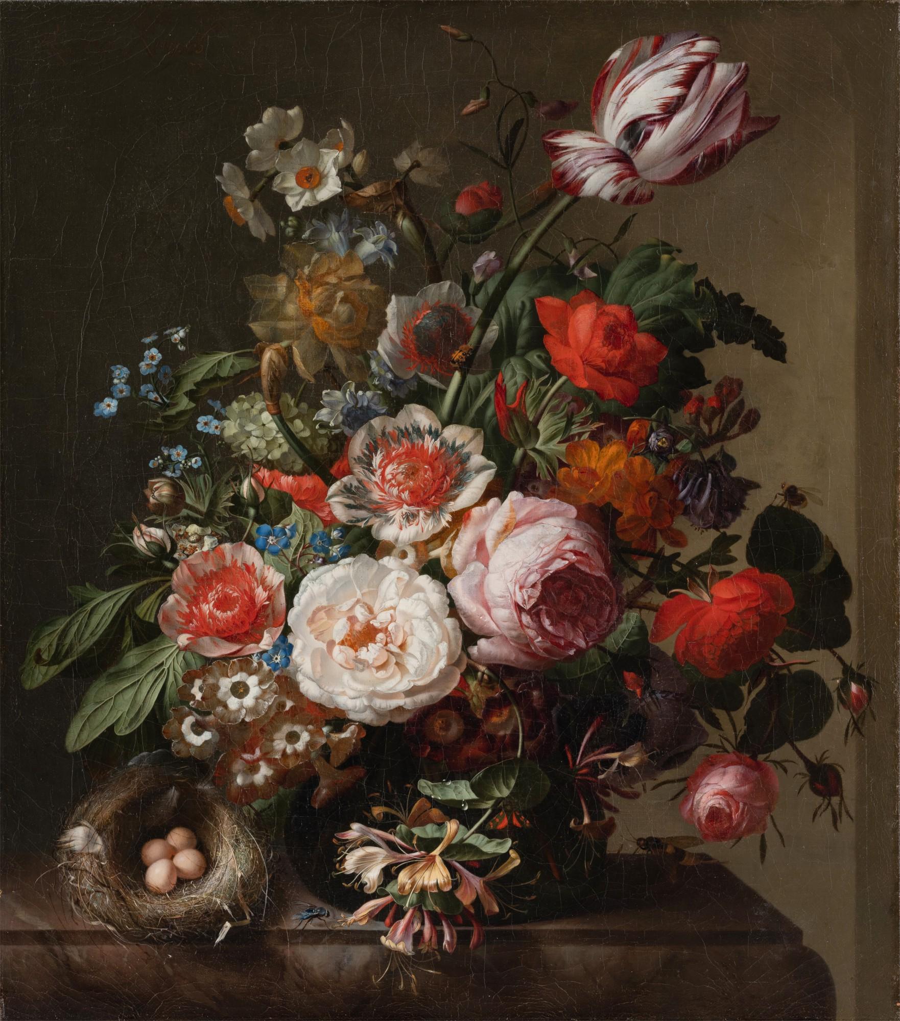 Rachel Ruysch - Still life of flowers in a vase with a bird\'s nest upon a marble ledge