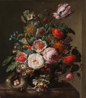 Rachel Ruysch - Still life of flowers in a vase with a bird\'s nest upon a marble ledge