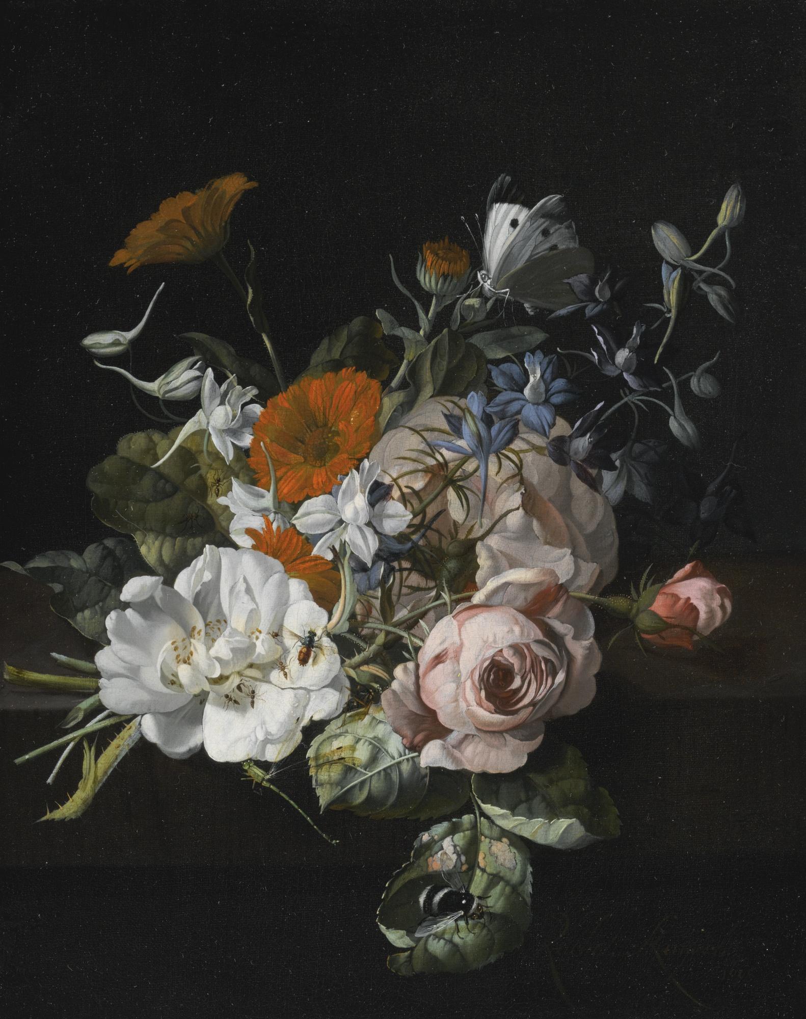 Rachel Ruysch - Still Life Of Flowers With A Nosegay Of Roses, Marigolds, Larkspur, A Bumblebee And Other Insects