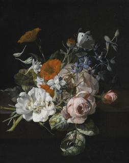 Rachel Ruysch - Still Life Of Flowers With A Nosegay Of Roses, Marigolds, Larkspur, A Bumblebee And Other Insects