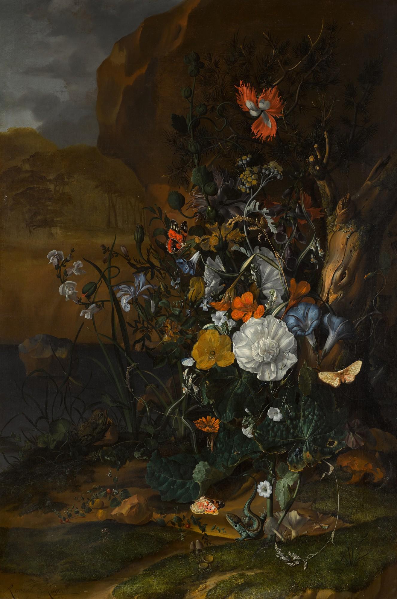 Rachel Ruysch - Still life of flowers, with butterflies, insects, a lizard and toads, beside a pool